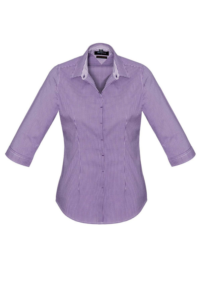 A women's button-up shirt in purple gingham pattern with 3/4 sleeves, featuring a collar and a logo.