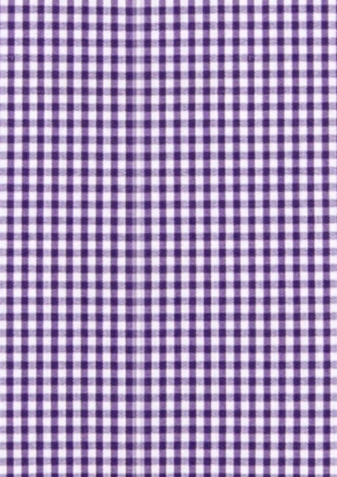 A purple and white gingham pattern fabric, featuring a classic check design. The fabric is suitable for shirts.