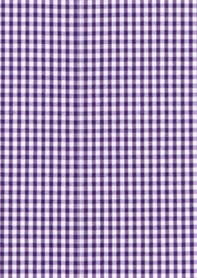 A purple and white gingham fabric pattern featuring a checkered design. The image includes a logo.