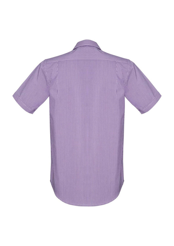 A short-sleeve men's button-up shirt in purple with a checkered pattern and a logo on the back.