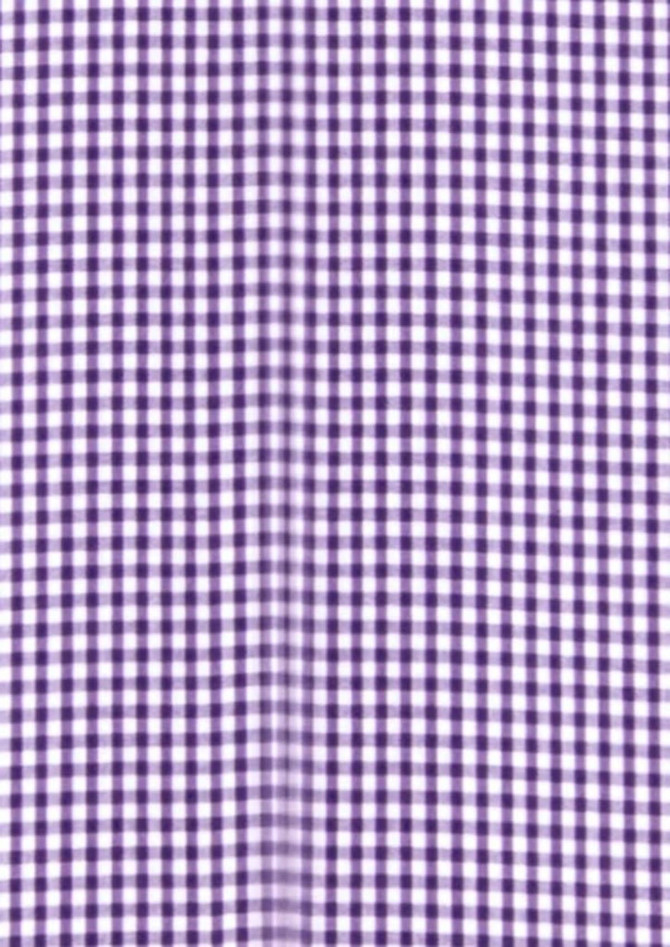 A purple and white gingham patterned fabric, suitable for a men's short sleeve button-up shirt. Features a logo.