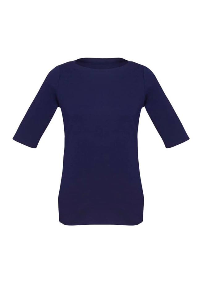 A navy women's T-shirt with short sleeves and a fitted design, featuring a branding logo.