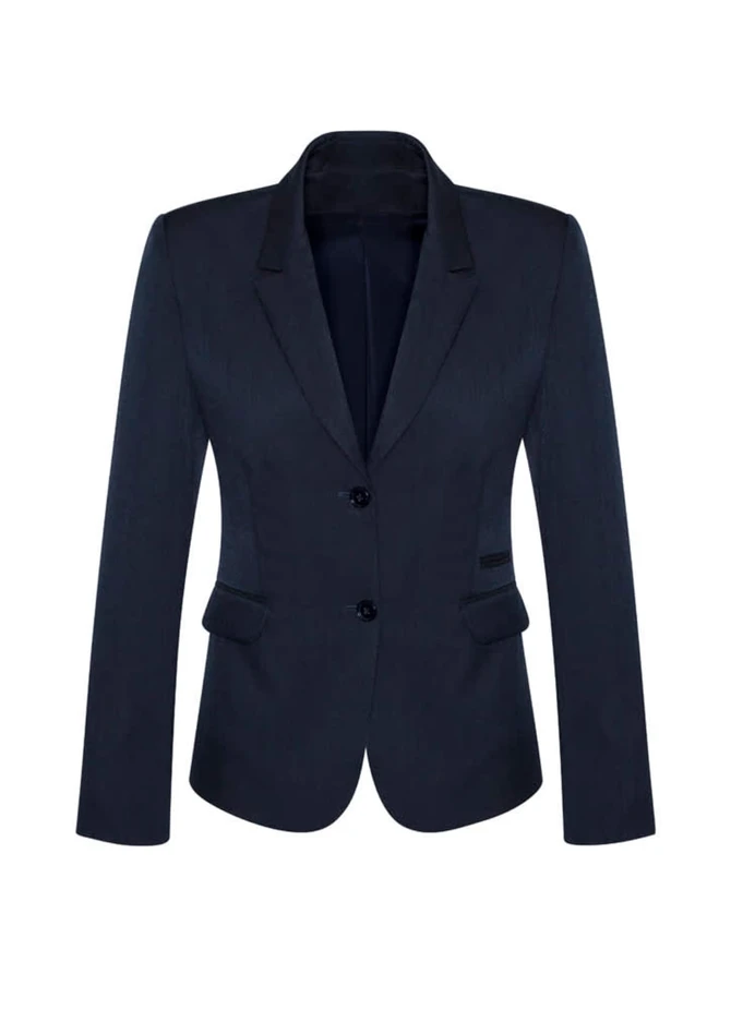 A navy women's mid-length jacket with a two-button closure and a fitted silhouette. Features a branded logo.