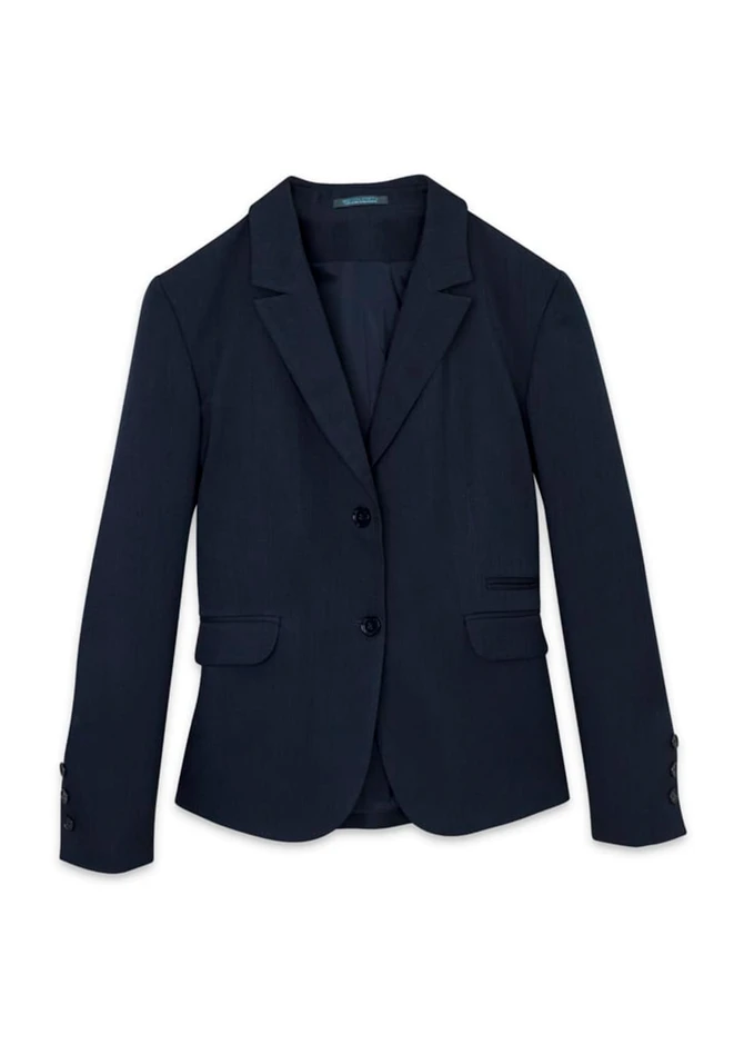 A navy blue mid-length women's jacket with a two-button design and front pockets, featuring a logo.