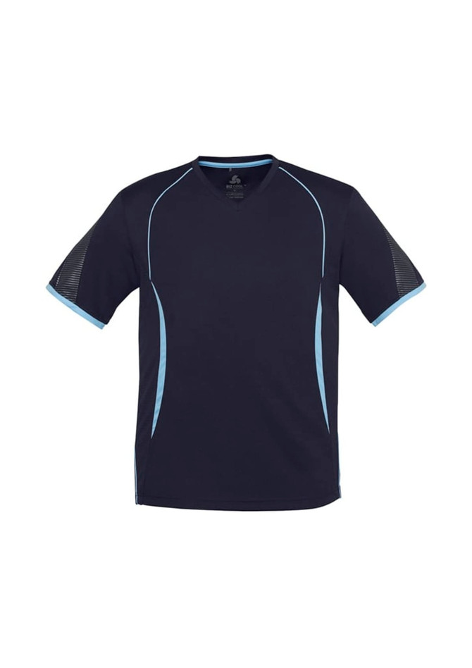 A short sleeve tee in navy blue with light blue accents and a logo. Designed for men, featuring a sporty style.