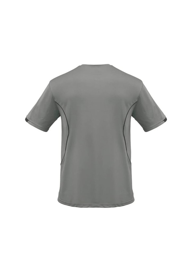 A men's short sleeve tee in grey featuring a logo and mesh detailing on the sides.