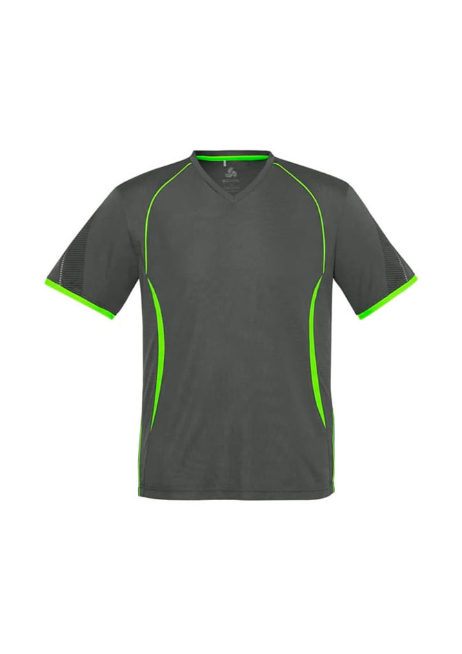 A grey short sleeve tee with contrasting green detailing and a logo on the front.