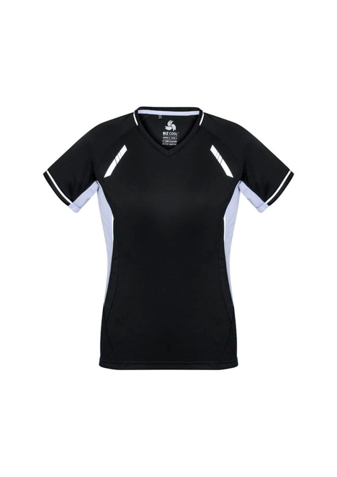 A women's short sleeve tee in black with white accents, featuring a logo on the front.