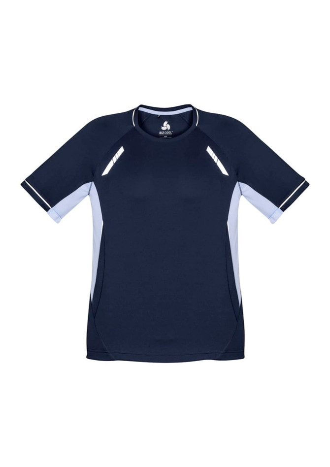 A navy blue short sleeve tee featuring contrasting light blue side panels and a logo on the neckline.