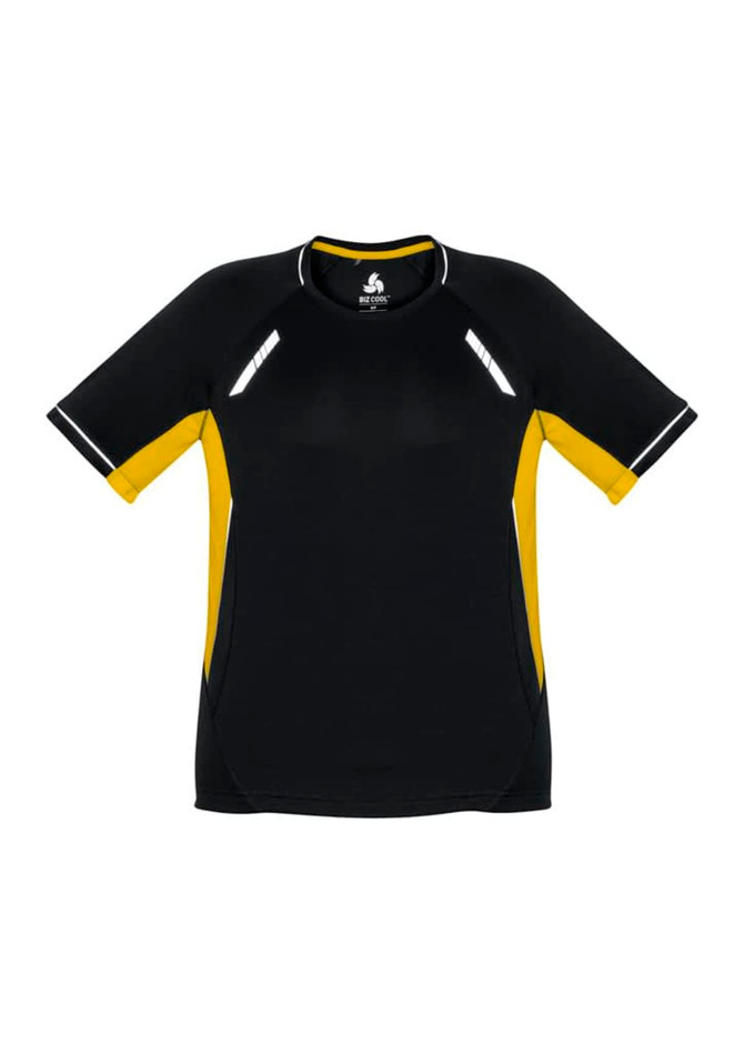 A black and yellow short sleeve men's tee with reflective accents and a logo.