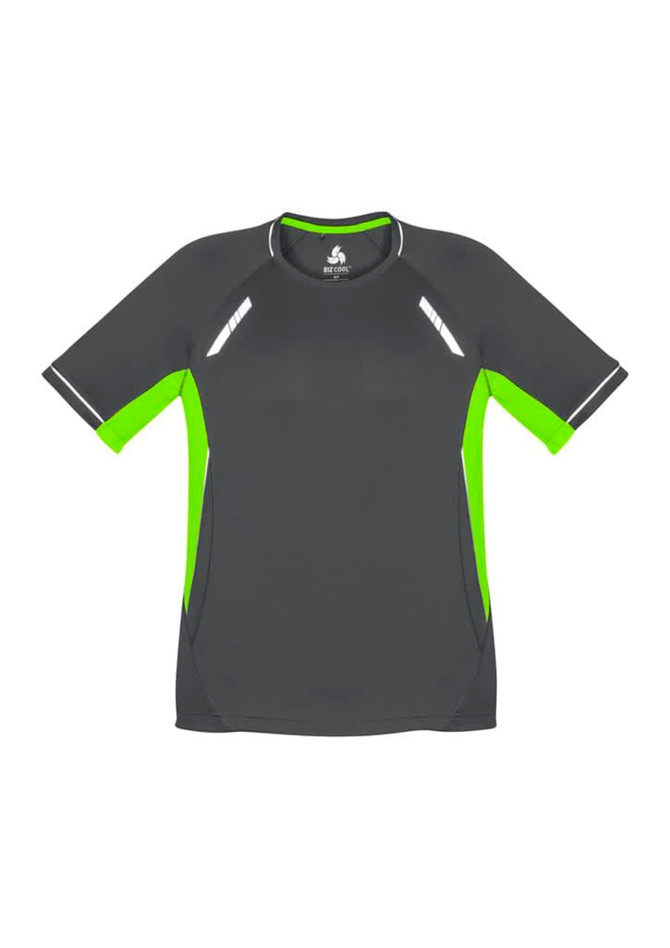 A short sleeve tee in charcoal grey with vibrant lime green accents and reflective detailing, featuring a logo.