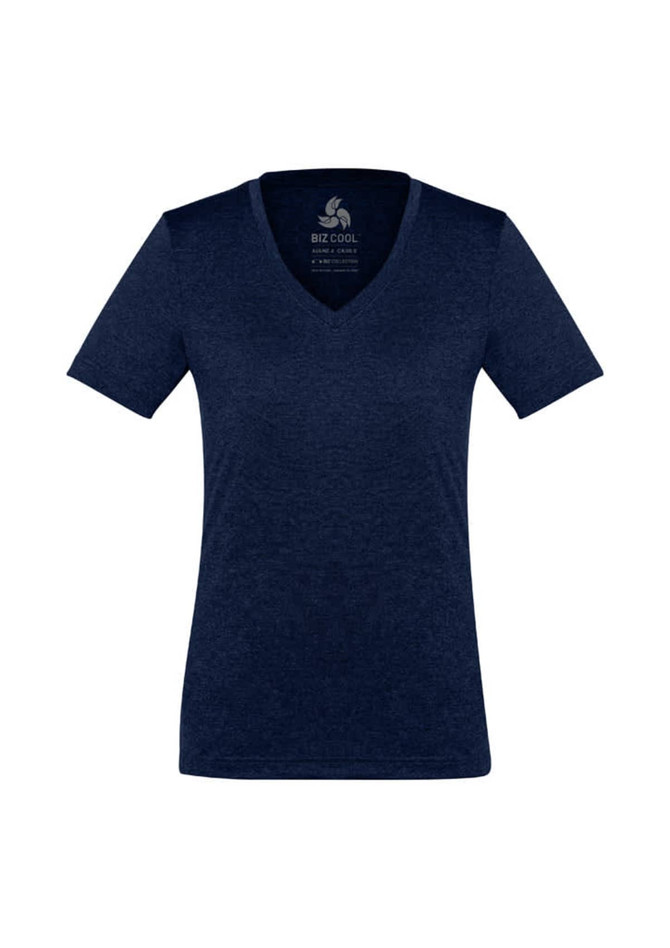 A navy short sleeve women's tee with a v-neck design and a logo at the top.