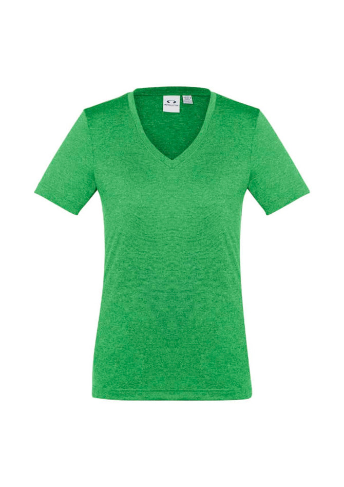 A green women's short sleeve tee featuring a V-neck design and a logo on the label.