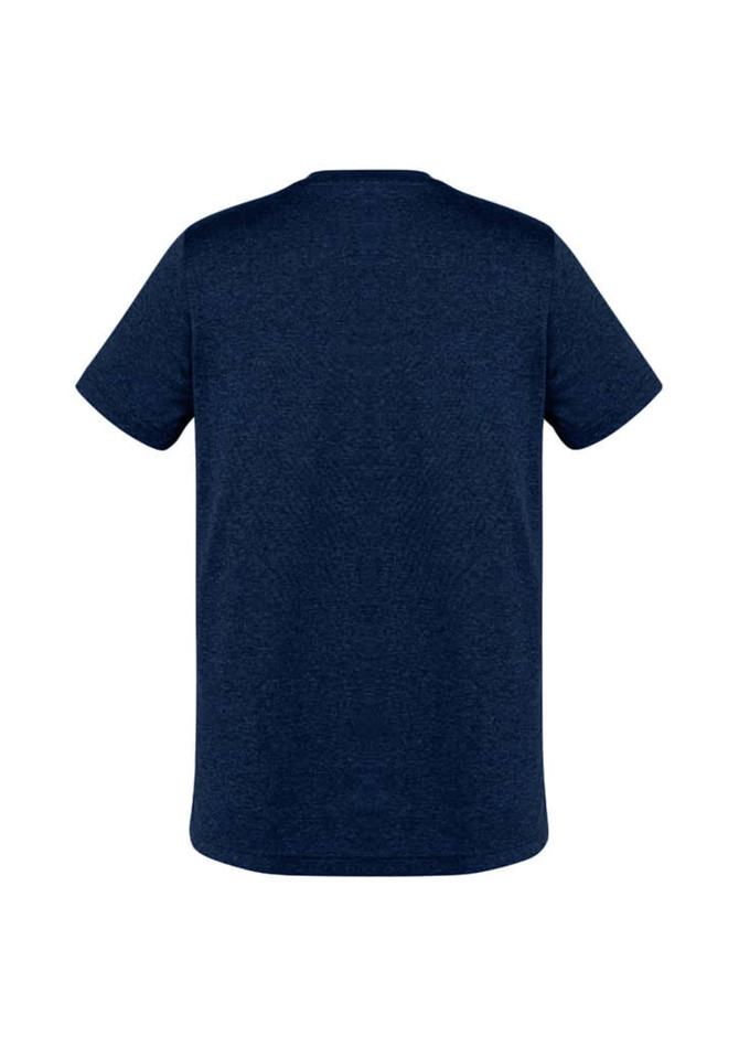 Navy blue men's short sleeve tee featuring a simple design and a logo. Back view shows smooth fabric texture.
