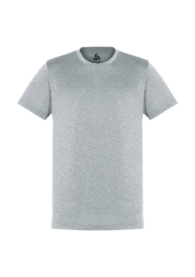 A grey short sleeve tee with a rounded neckline and a logo on the interior neck.