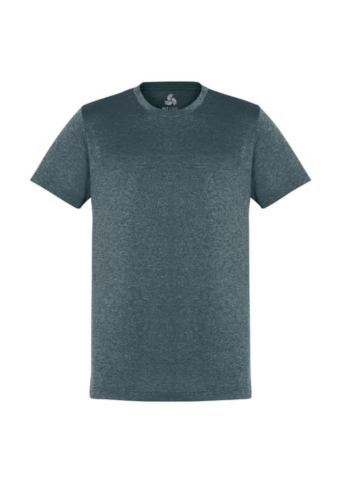A men's short sleeve tee in a blue-grey colour, featuring a logo on the neckline.