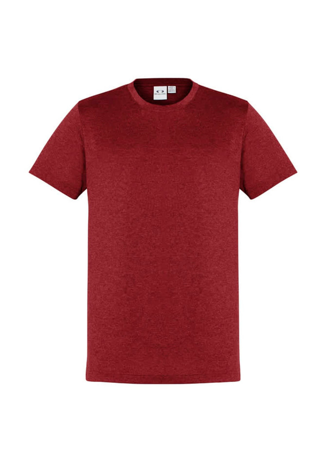 A maroon short sleeve tee shirt with a plain design and a tag inside. The shirt features a logo on the tag.