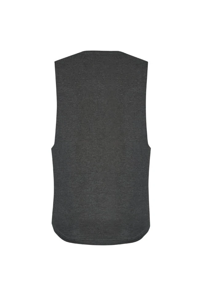 A dark grey sleeveless tee with a rounded bottom hem and no front design. It features a logo on the back.