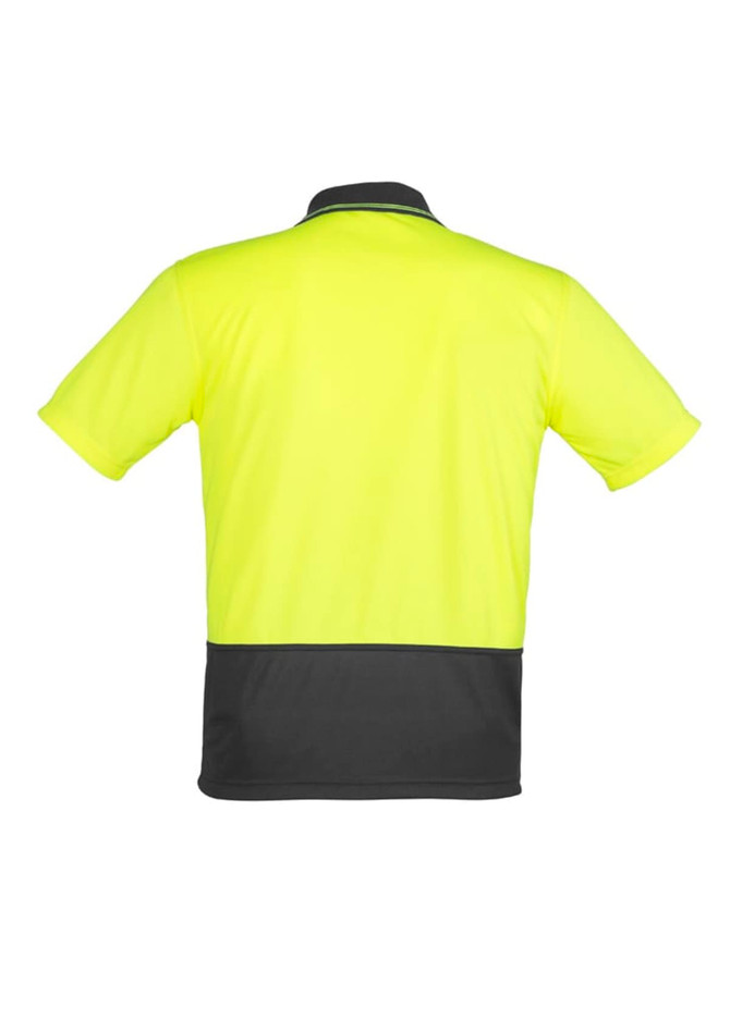 A high visibility yellow unisex short sleeve polo shirt with a dark grey lower panel and a collar, featuring a logo.