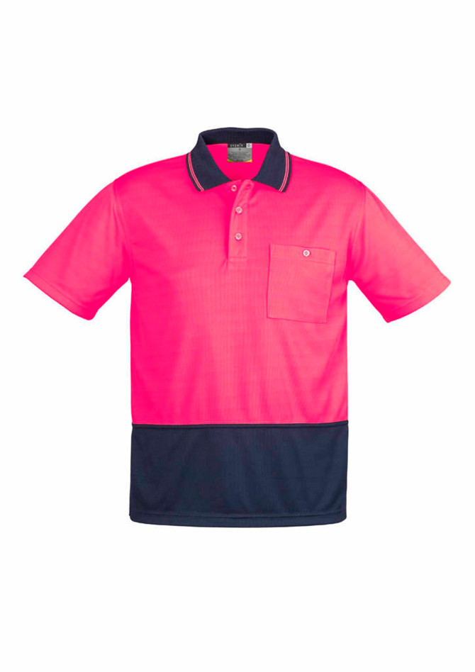 A vibrant pink and navy unisex short sleeve polo shirt featuring a pocket and a logo.