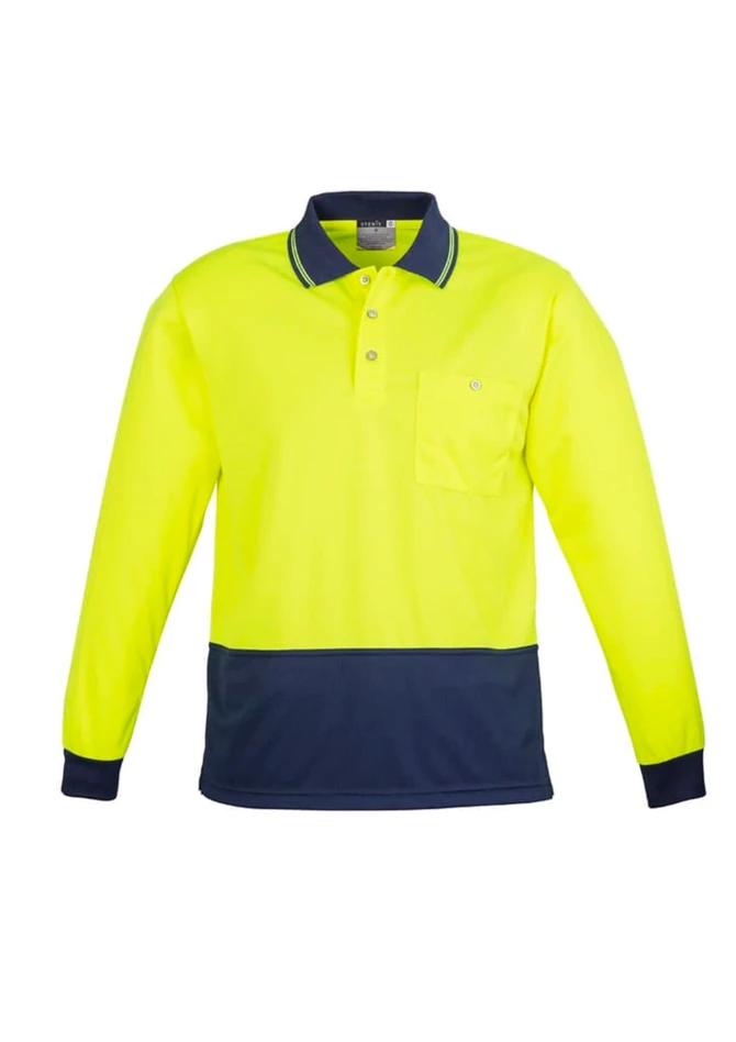 A bright yellow unisex long sleeve polo shirt with a navy blue bottom and a chest pocket, featuring a branded logo.