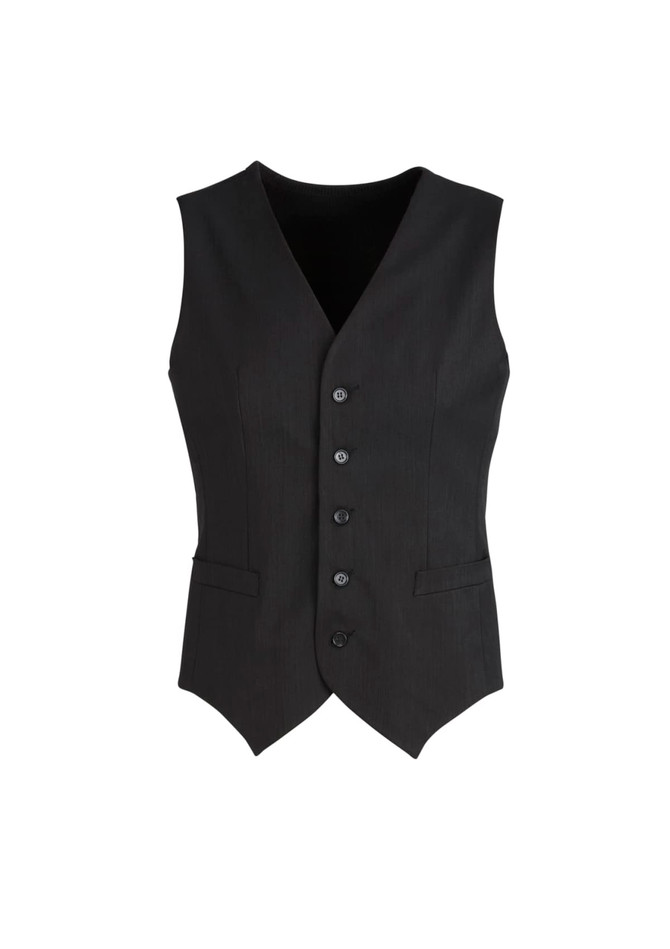 A black peaked vest featuring a five-button front and two side pockets, with a branding logo.