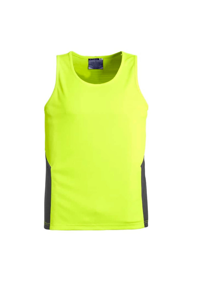 A bright yellow men's hi-vis singlet with grey side panels and a logo on the collar.