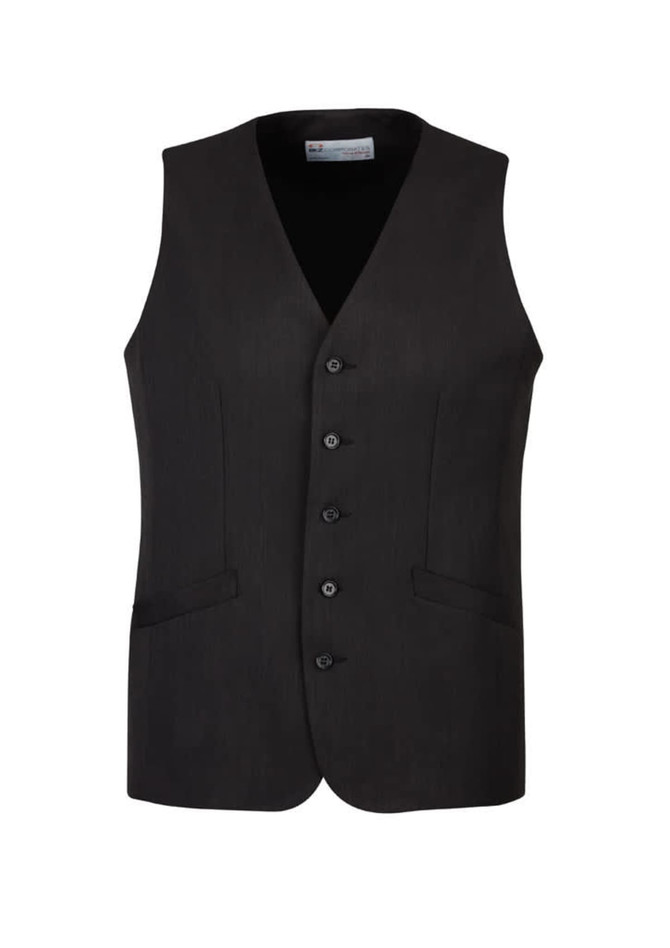 A black longline vest featuring a button front and side pockets, designed for men. It has a simple, sleek look.