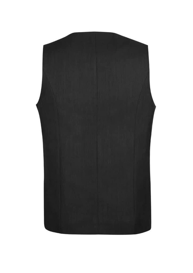 A black longline vest featuring a sleek design and back view. It includes a logo on the garment.