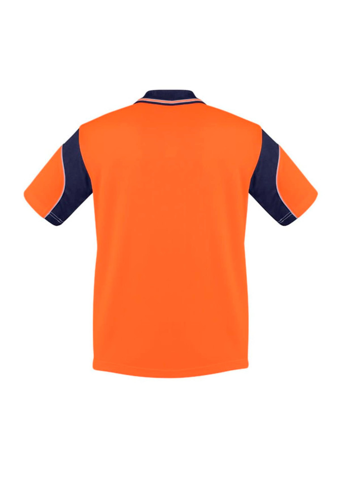 A short sleeve polo shirt in orange and navy, featuring a contrasting design and a logo.