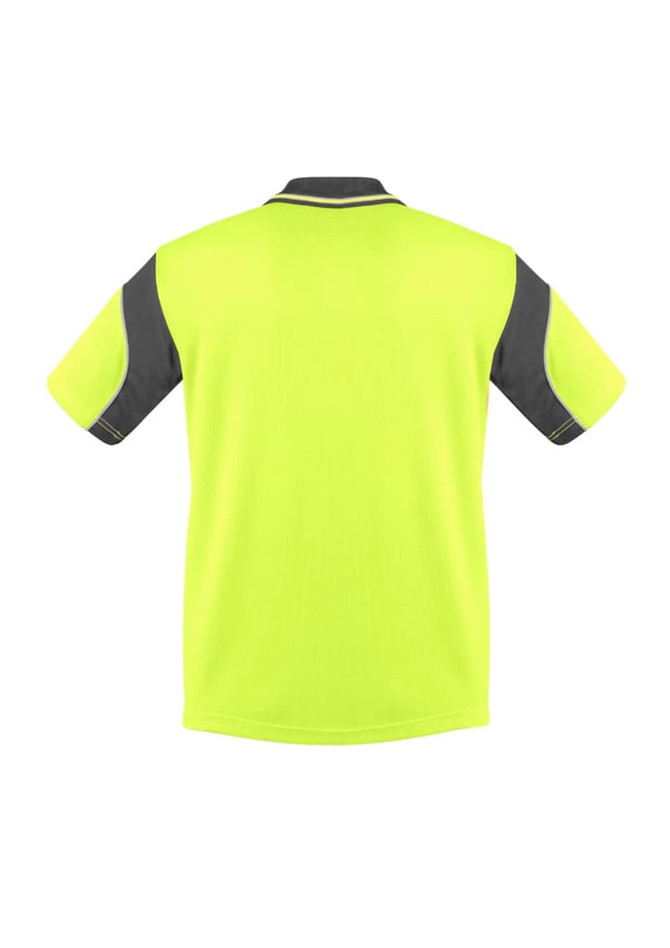 A high visibility short sleeve polo shirt in bright yellow with grey accents and a branded logo.