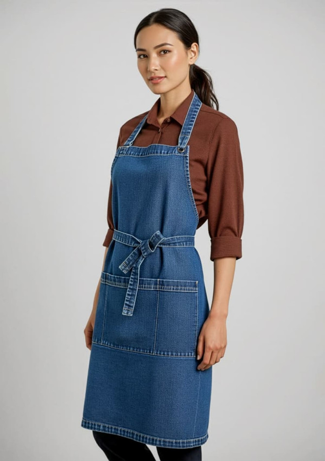A denim apron in blue with adjustable straps and pockets, worn over a brown long-sleeve shirt.