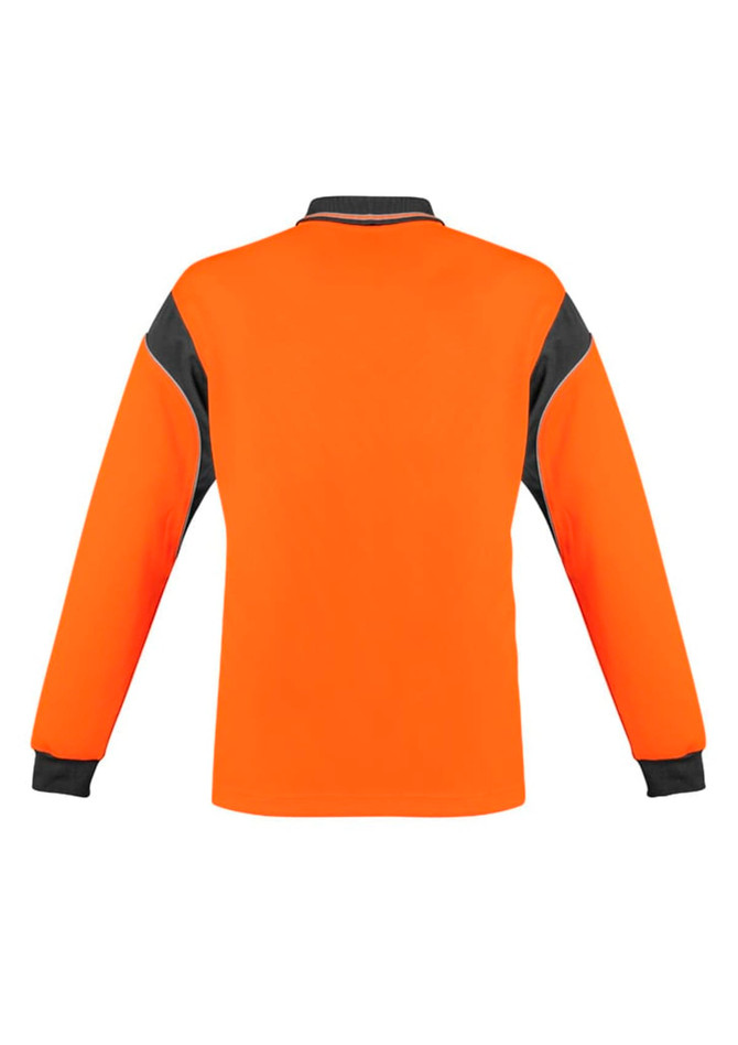 An orange long sleeve polo shirt featuring grey accents and a logo on the chest.