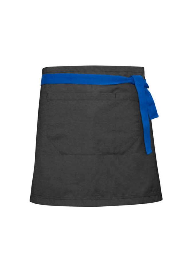 A black waist apron with a blue tie, featuring two pockets at the front. Branding is present on the apron.