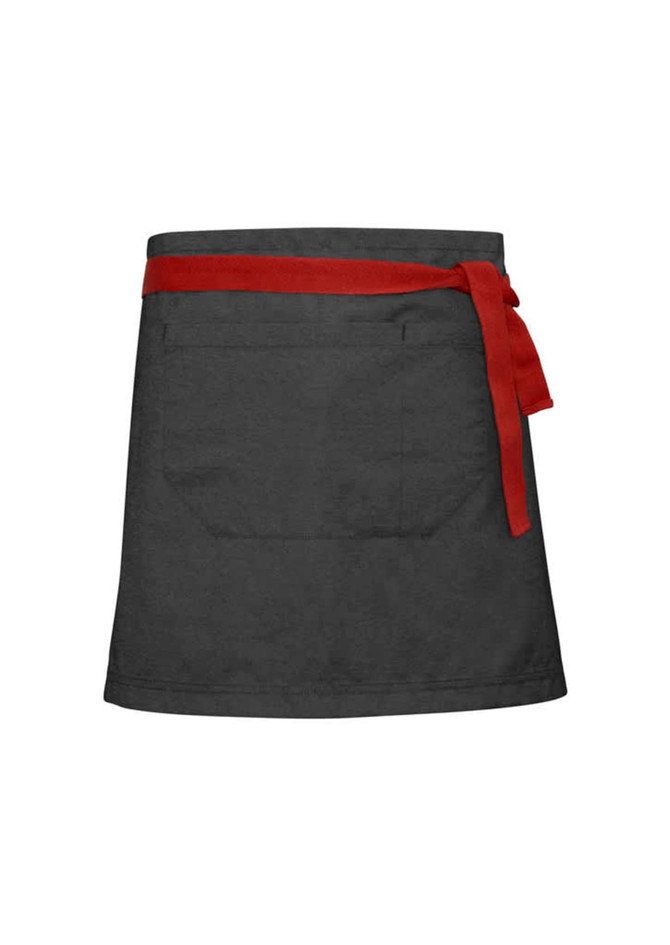 A grey waist apron with a red tie and a pocket at the back, featuring a logo.