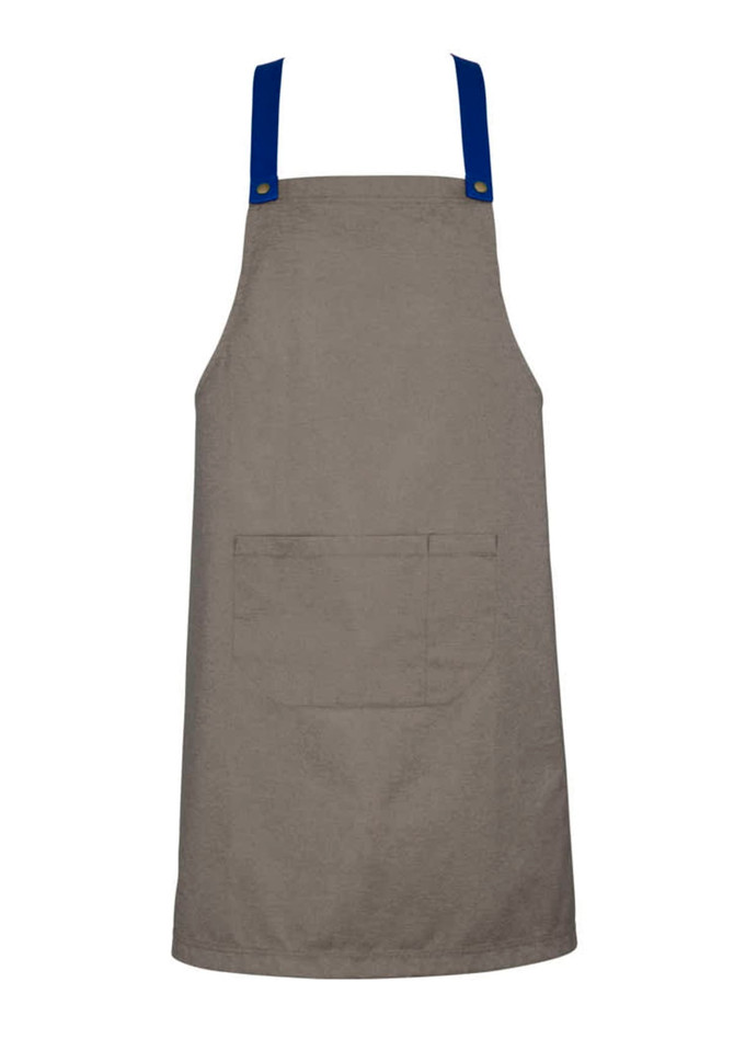 A grey apron with blue straps and a front pocket, featuring a simple, clean design. It has a logo at the top.