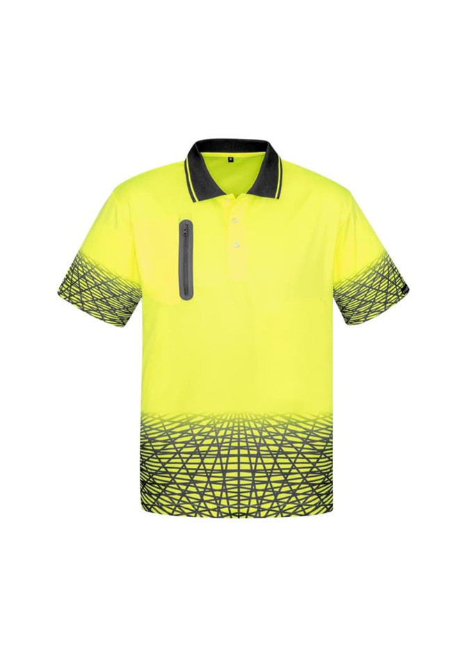 A bright yellow short-sleeve polo shirt featuring a patterned design at the hem and a zip pocket on the chest.