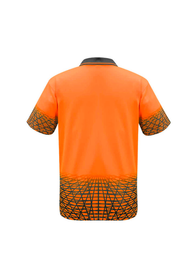 A short sleeve polo in bright orange with a geometric pattern on the lower half and a collar. Features a logo.