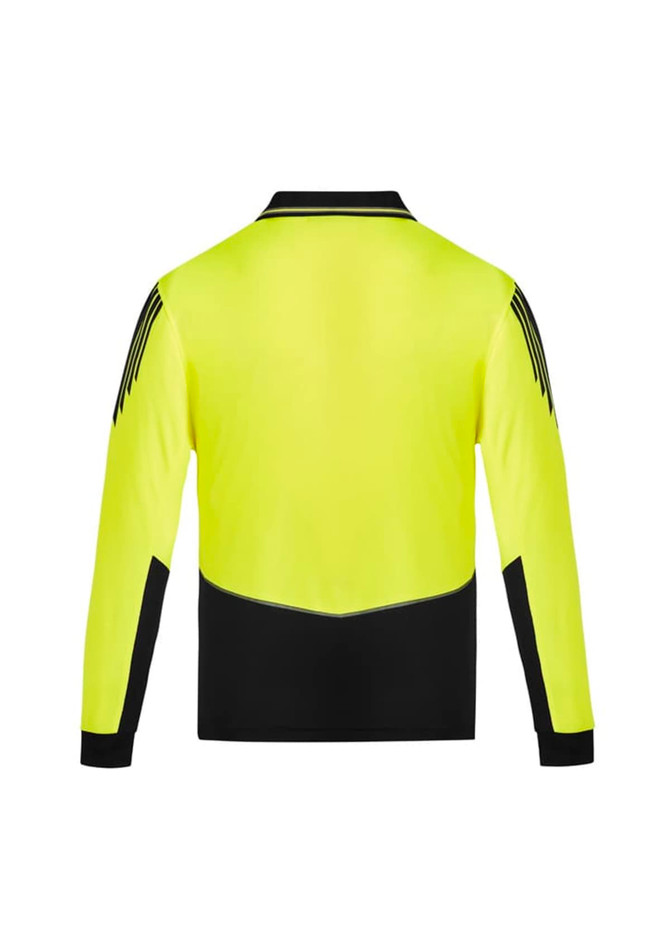 A bright yellow long sleeve polo with black accents and a logo on the back, designed for safety wear.
