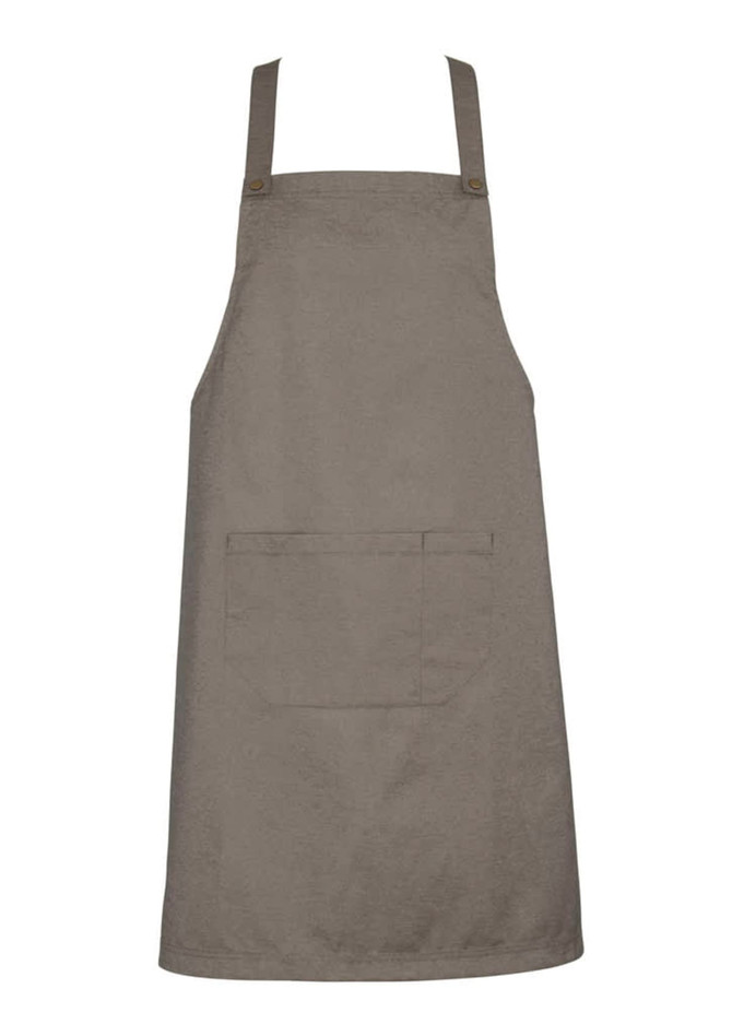A khaki apron with adjustable straps and a front pocket, featuring a logo. Suitable for various workwear settings.