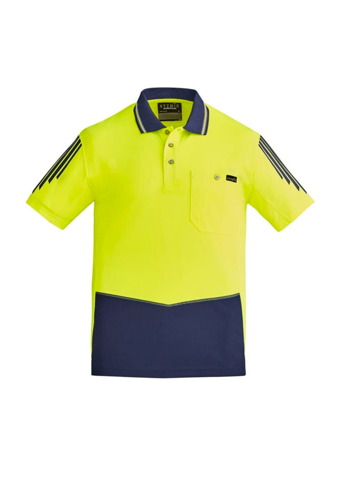 Hi-visibility short sleeve polo shirt in bright yellow with navy accents and a pocket, featuring subtle branding.