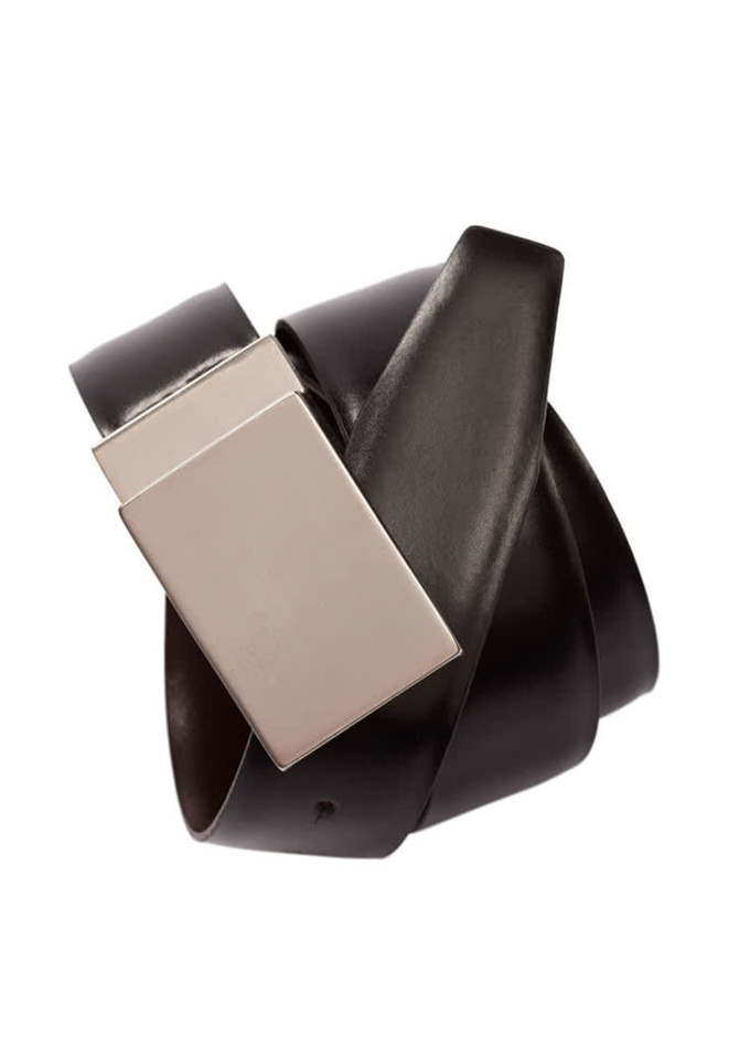A black leather corporate belt featuring a rectangular silver buckle and a smooth finish. Includes a branding logo.