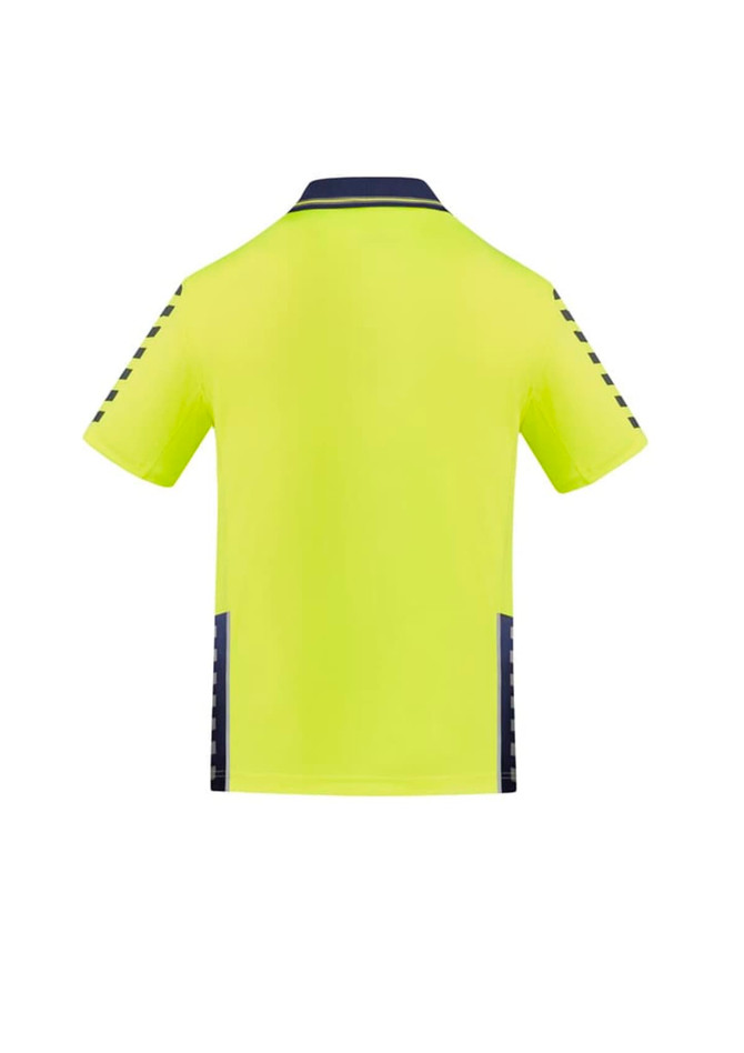 A men's short sleeve polo in hi-vis yellow with navy accents and a logo on the front. Suitable for workwear.