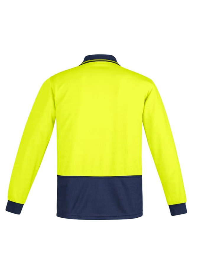 A long sleeve polo shirt in fluorescent yellow with a navy blue lower section and a collar. It features a logo.