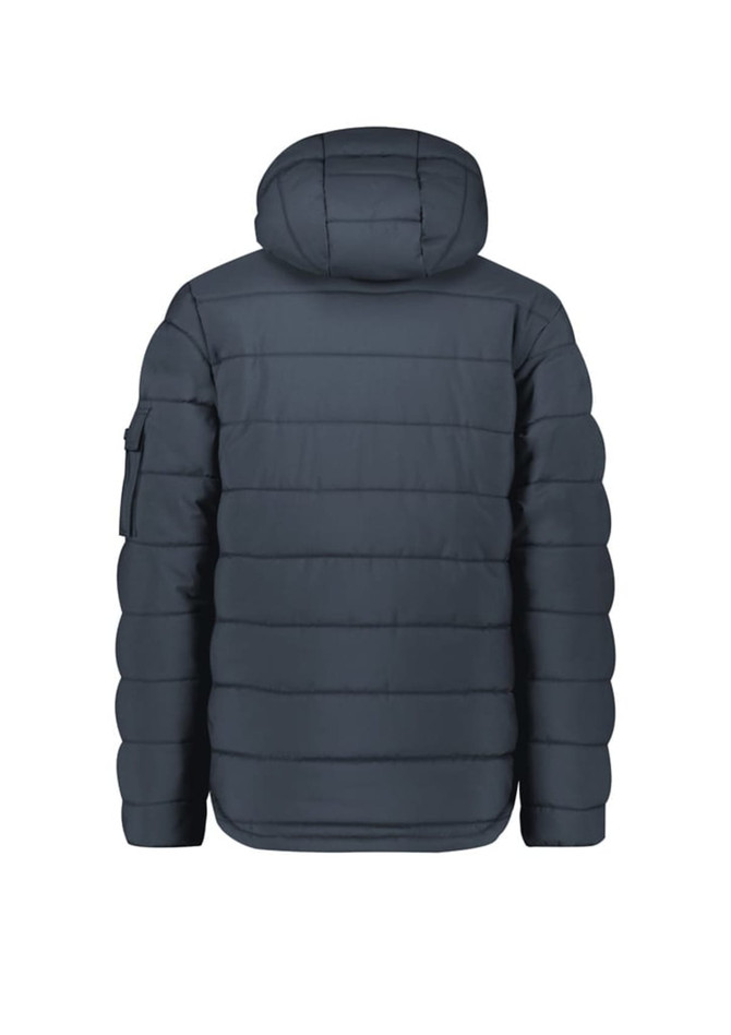 A back view of a dark grey Unisex Streetworx hooded puffer jacket featuring a logo on the sleeve.