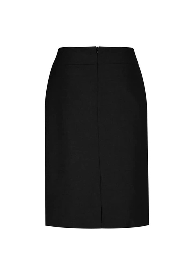 A women's classic knee-length skirt in black, featuring a sleek design and a zip closure at the back.