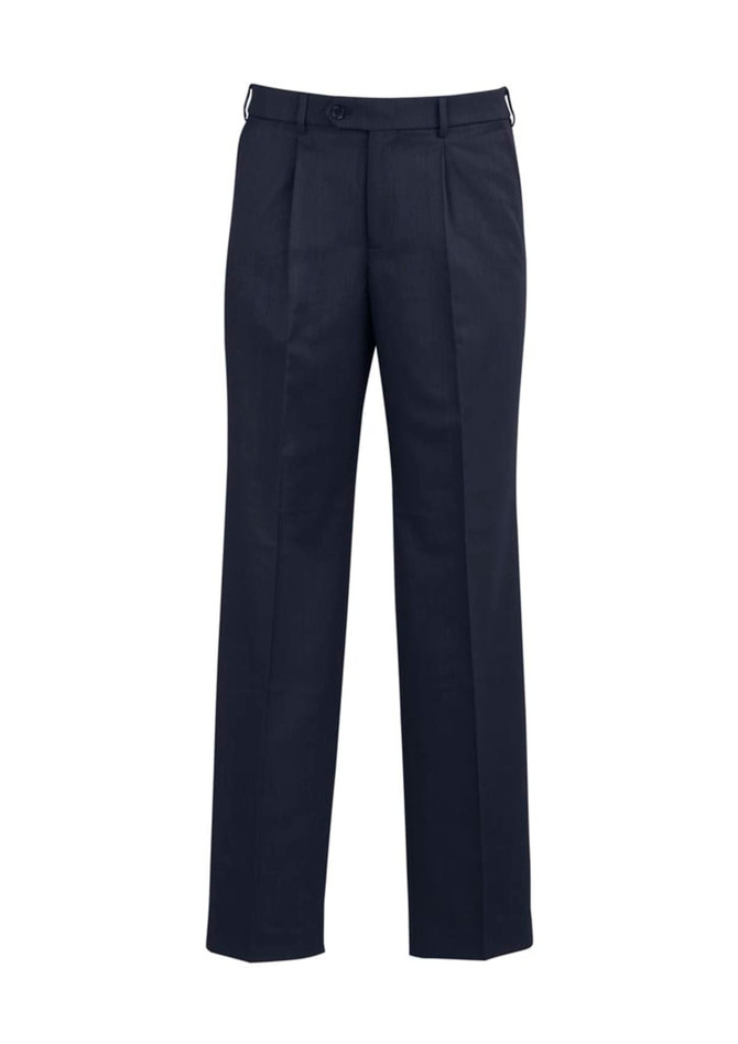 A pair of men's classic pleat pants in dark grey, featuring a tailored fit and a logo on the waistband.
