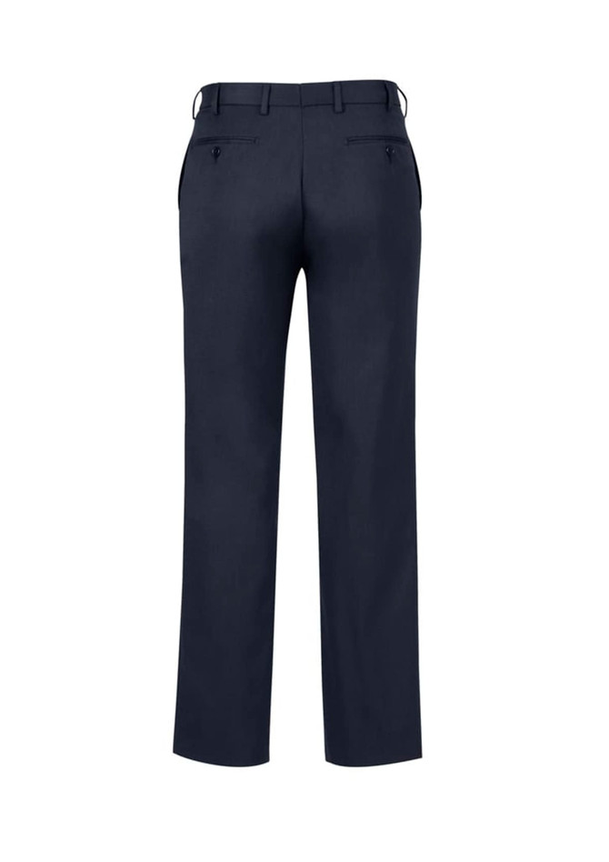 A pair of men's classic pleat pants in dark navy, featuring a tailored fit and back pockets, with branding visible.