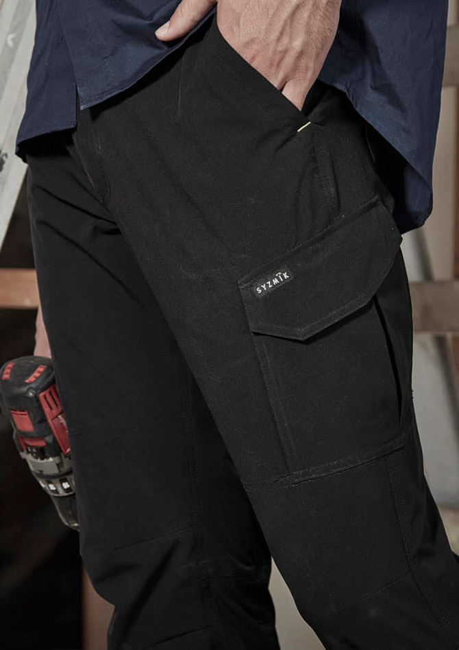 A pair of black men's lightweight cargo pants with side pockets, featuring a logo on the front.