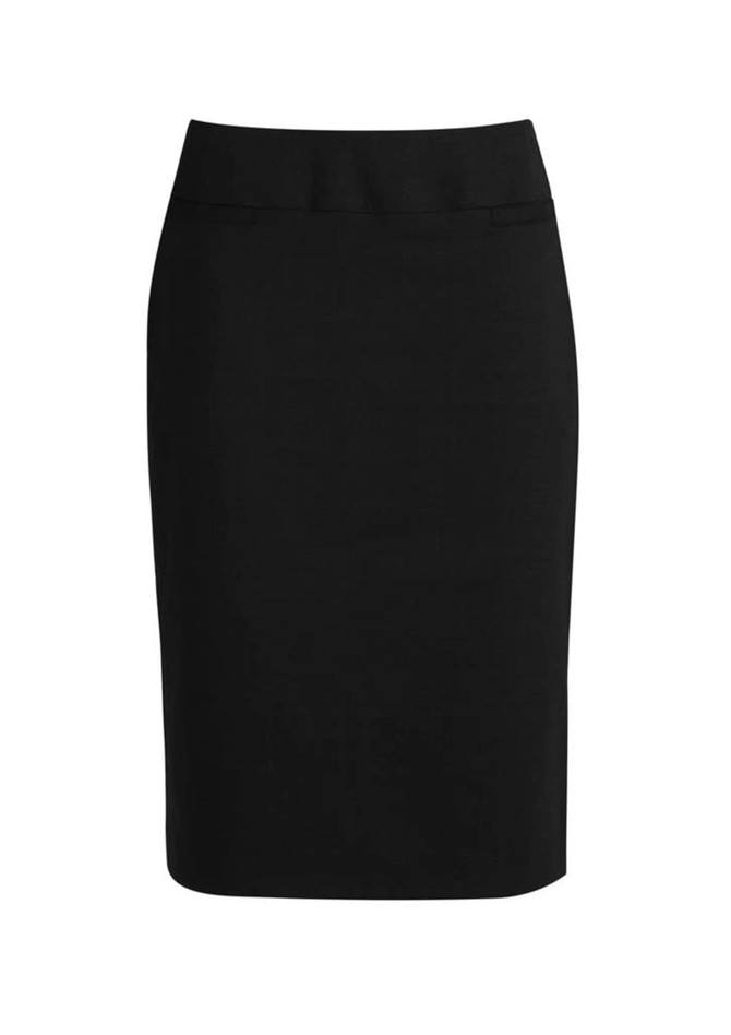 A below-knee black skirt featuring a fitted design and a sleek waistband. It has a branding logo.